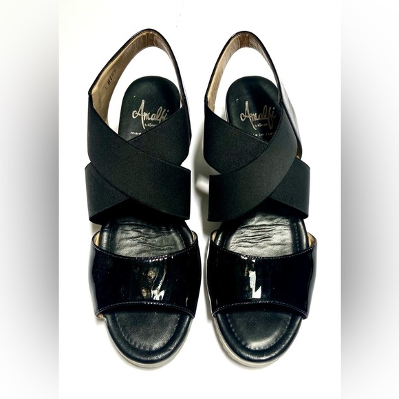 Amalfi Black Patent Sandals with Elastic Crisscross Straps and Slingback 8 1/2 N - Picture 1 of 5